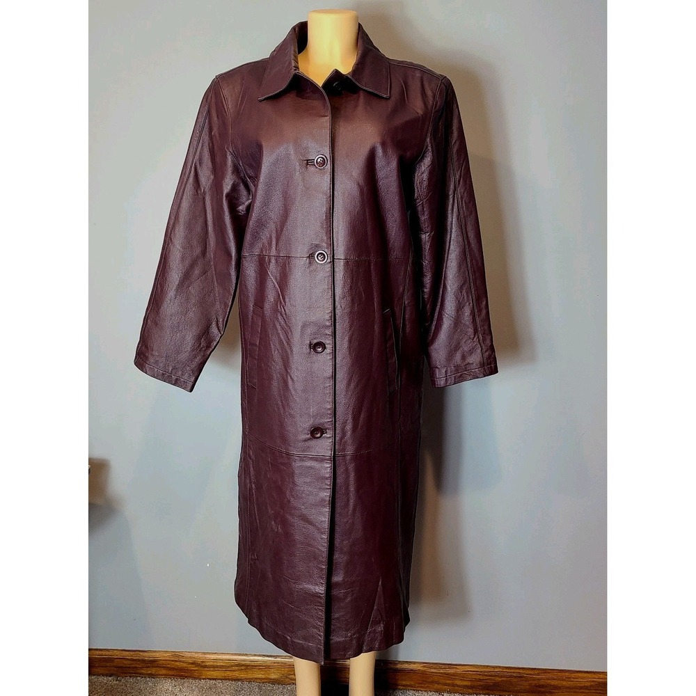 Brandon Thomas Full length Burgundy 100% leather jacket Womens Medium Vintage‎